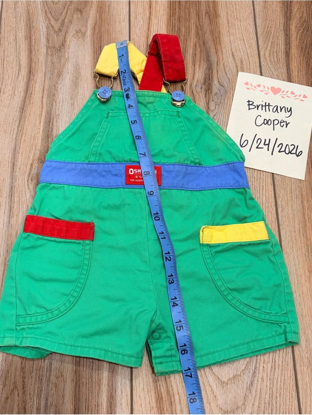 OshKosh B'gosh Green Shortall with Red, Yellow & Blue Accents